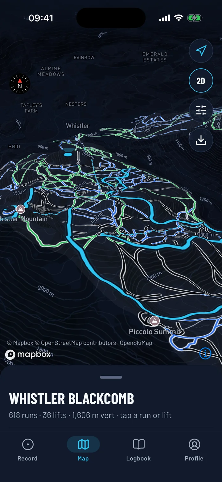 3D terrain: Tilt the map and see your lines on the mountain.
