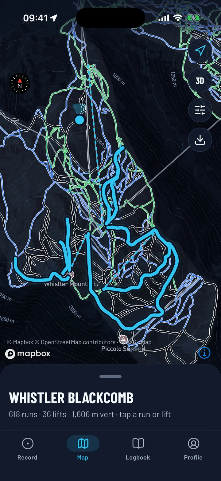 Resort piste map: Every run and lift at the resort, with your day's track on top.