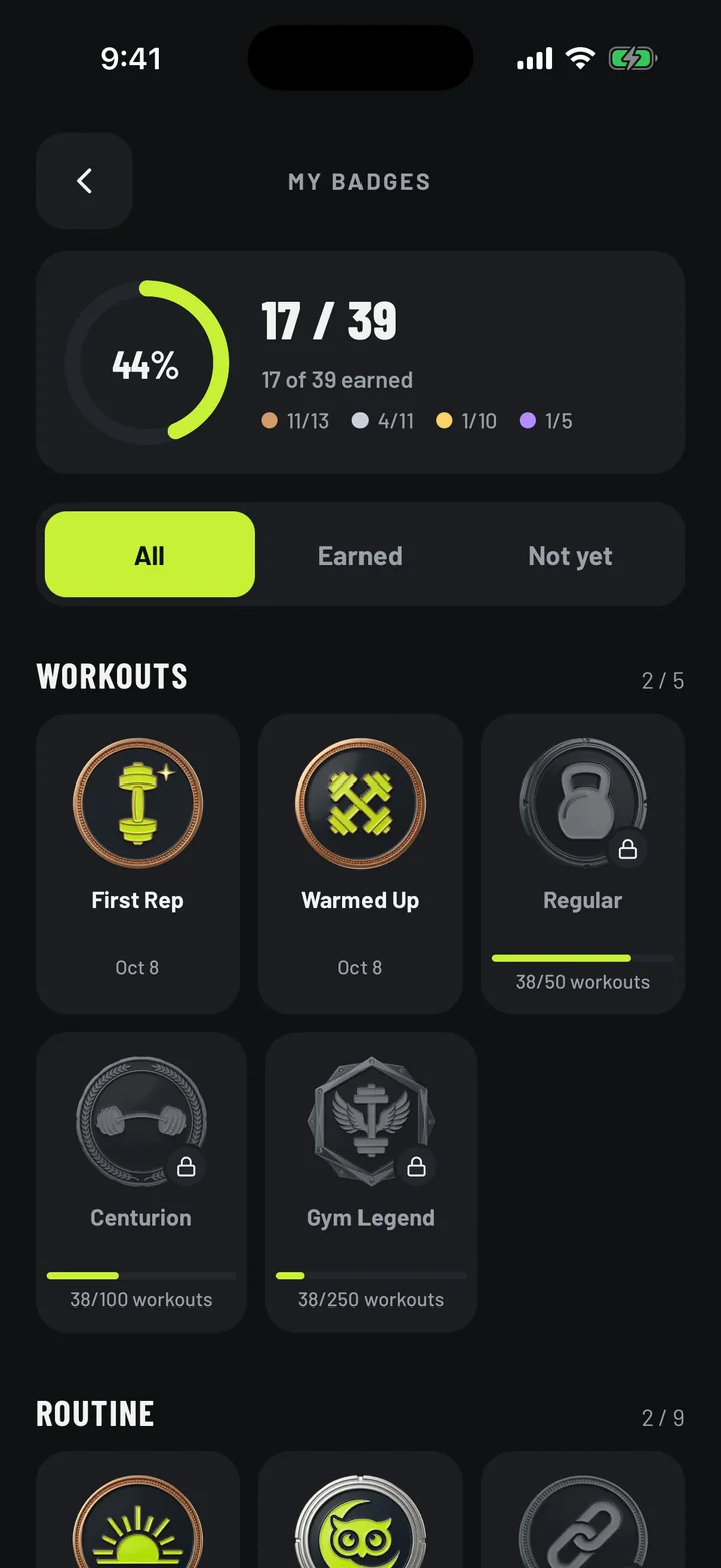 Badges: 39 badges to earn as you keep showing up.