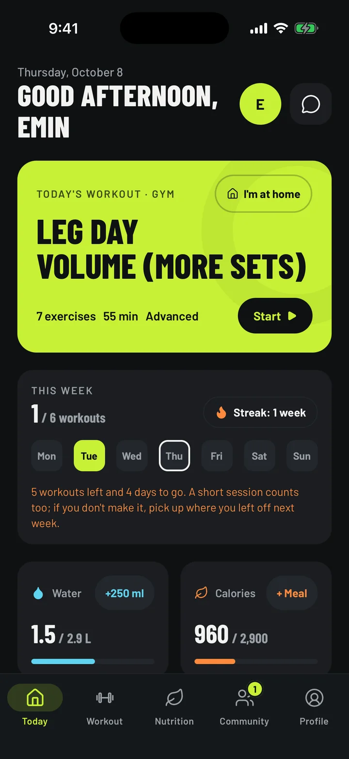 Today: Your workout, weekly streak, water and calories at a glance.