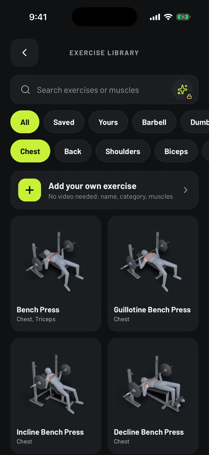 Exercise library: 880 exercises, filtered by muscle and equipment.